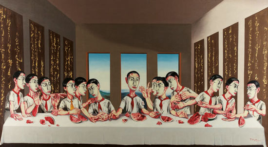 曾梵志（1964年生）之大尺幅作品《最后的晚餐》，2001年作，油彩畫布，220 x 400公分