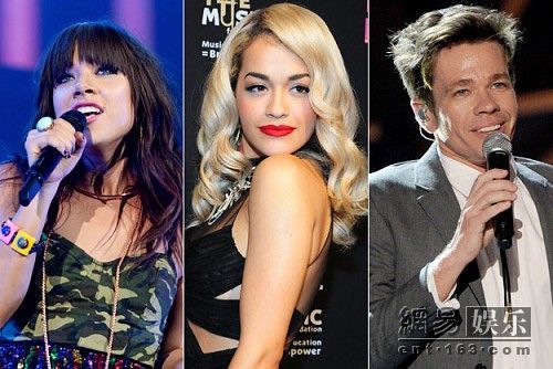 左起：Carly Rae Jepsen、Rita ora、fun.樂隊主唱。